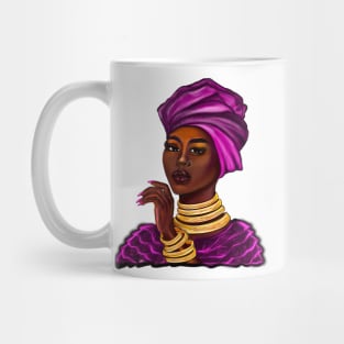 Queen Black is beautiful iii black girl with Gold bangles, neck ring necklace, purple dress and head wrap, brown eyes and dark brown skin ! Mug